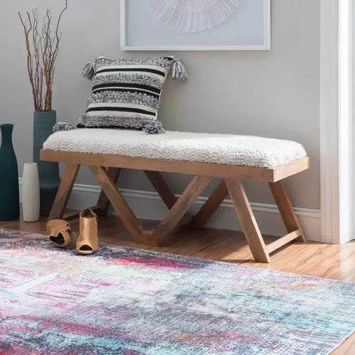 45" Bonnie Boho Solid Mango Wood Bench Textured Cream Fabric Upholstered Bench Brown - Linon
