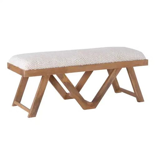 Banc en bois de manguier massif 45° Boho, rembourré en tissu texturé crème, brun