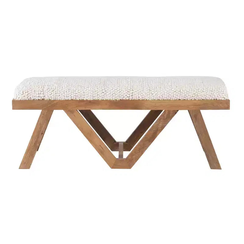 Banc en bois de manguier massif 45° Boho, rembourré en tissu texturé crème, brun