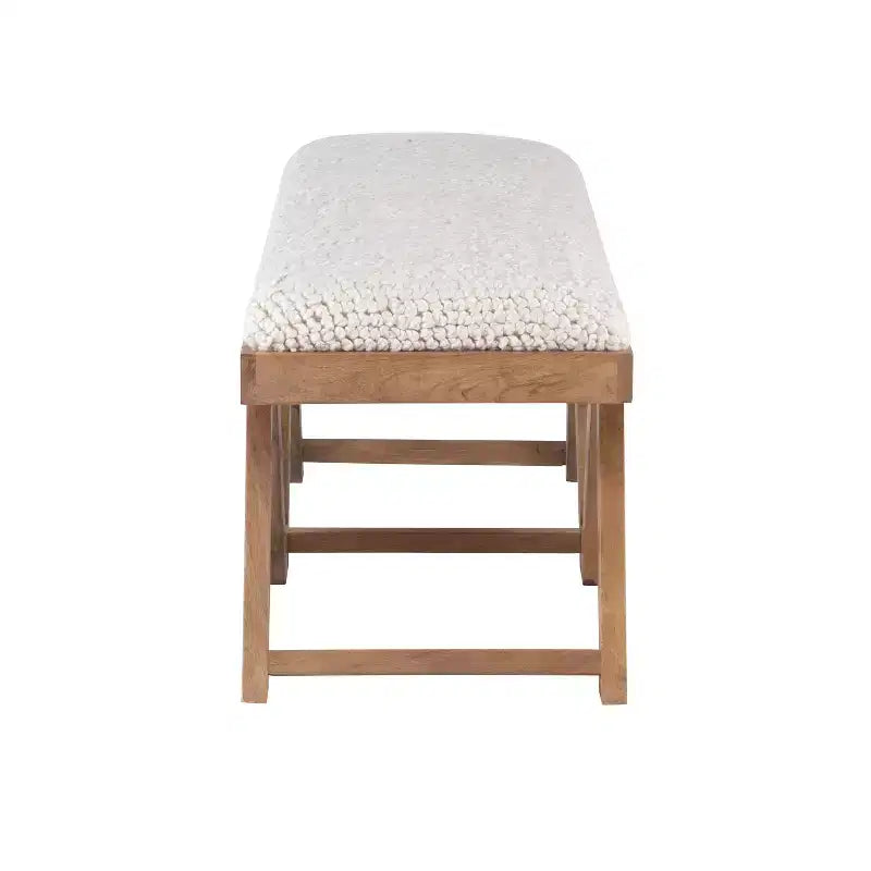 Banc en bois de manguier massif 45° Boho, rembourré en tissu texturé crème, brun