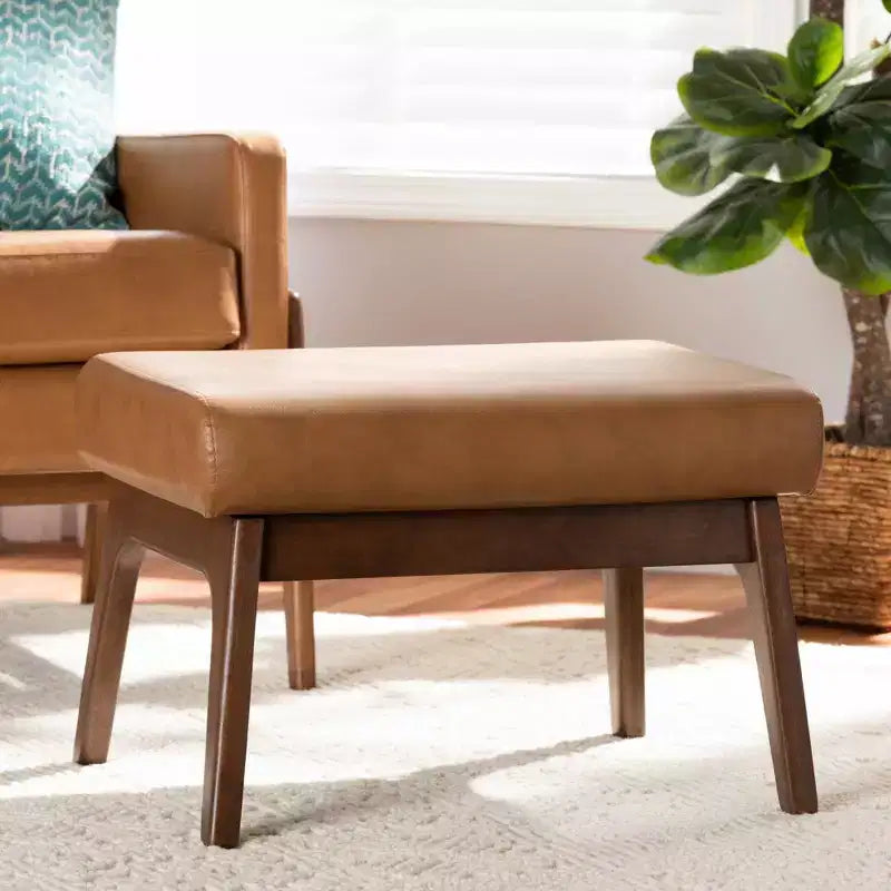 Bianca Wood and Tan Faux Leather Effect Ottoman Tan/Walnut Brown - Baxton Studio: Upholstered Bench, Footstool, Polyester