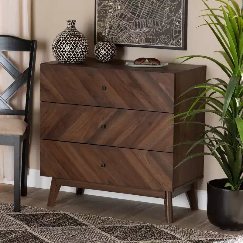 Commode de rangement en bois à 3 tiroirs Noyer brun - Organiseur de chambre élégant