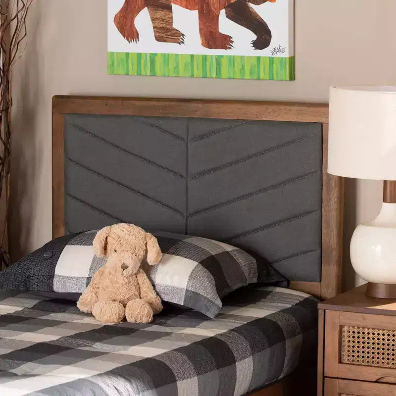 Tête de lit en bois, tissu capitonné, double, gris foncé/noyer marron – Touffes chevron, hauteur réglable