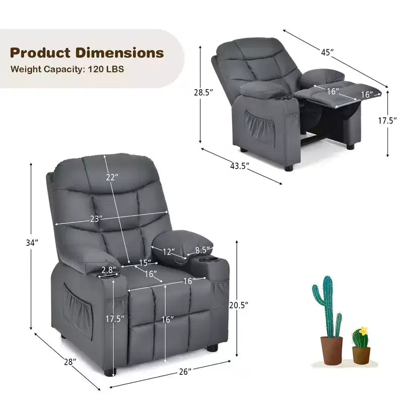 Fauteuil inclinable pour enfants/jeunes en cuir PU avec porte-gobelets et poches latérales