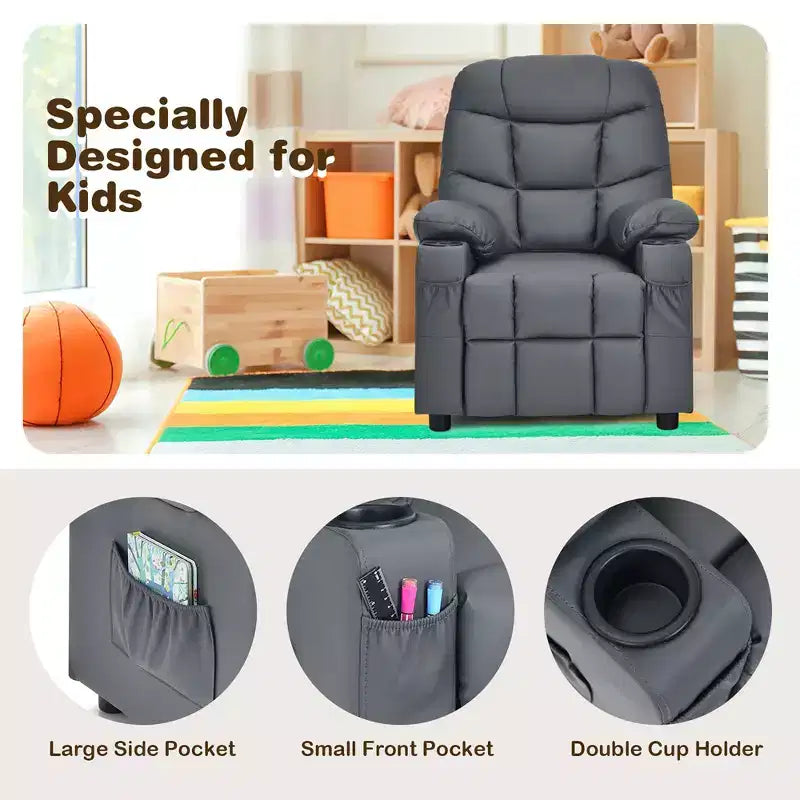 Fauteuil inclinable pour enfants/jeunes en cuir PU avec porte-gobelets et poches latérales