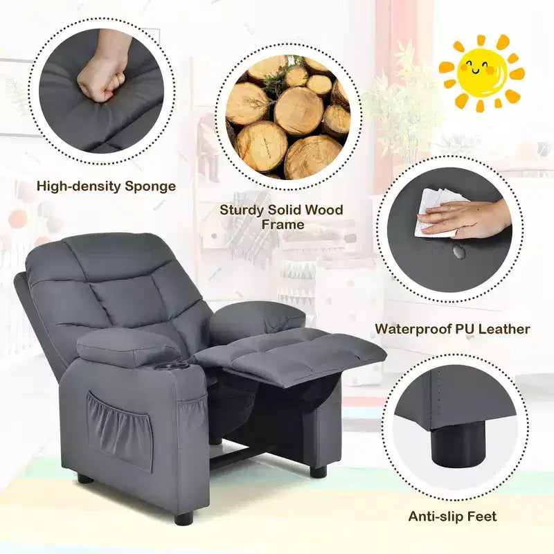 Fauteuil inclinable pour enfants/jeunes en cuir PU avec porte-gobelets et poches latérales