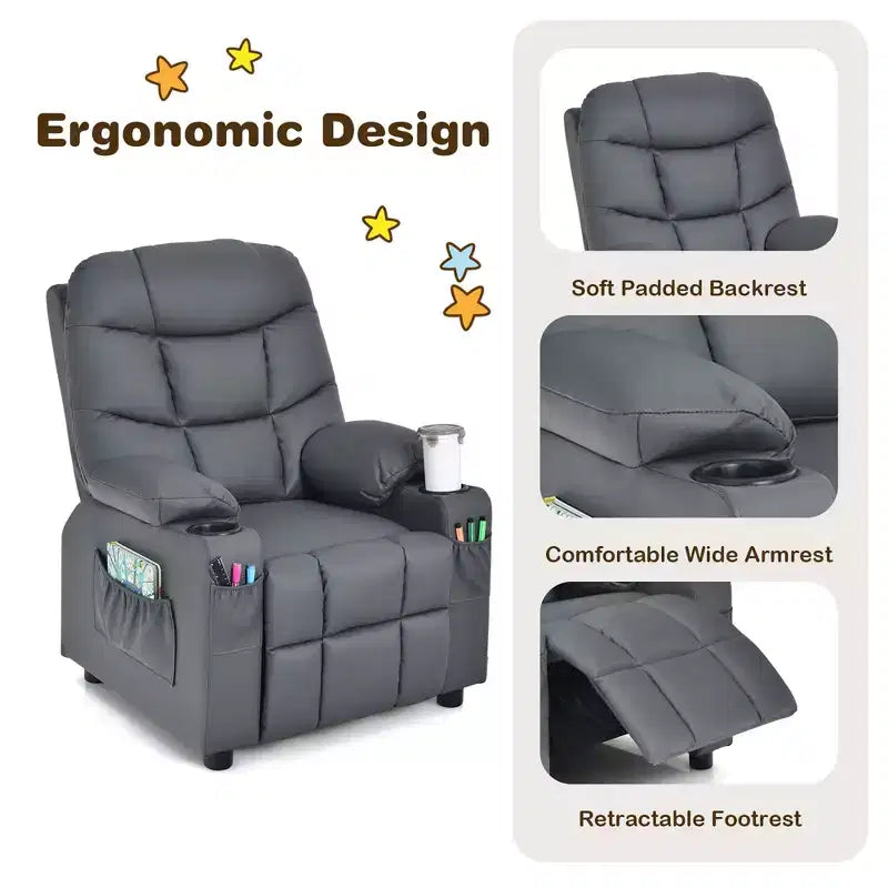 Fauteuil inclinable pour enfants/jeunes en cuir PU avec porte-gobelets et poches latérales