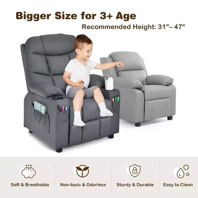 Fauteuil inclinable pour enfants/jeunes en cuir PU avec porte-gobelets et poches latérales