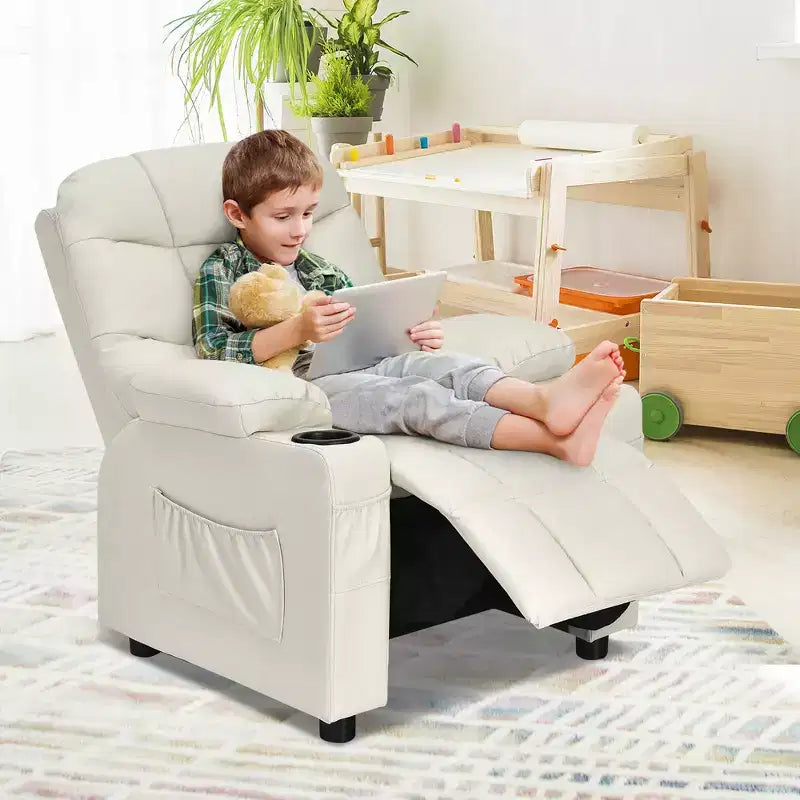 Fauteuil inclinable pour enfants/jeunes en cuir PU avec porte-gobelets et poches latérales