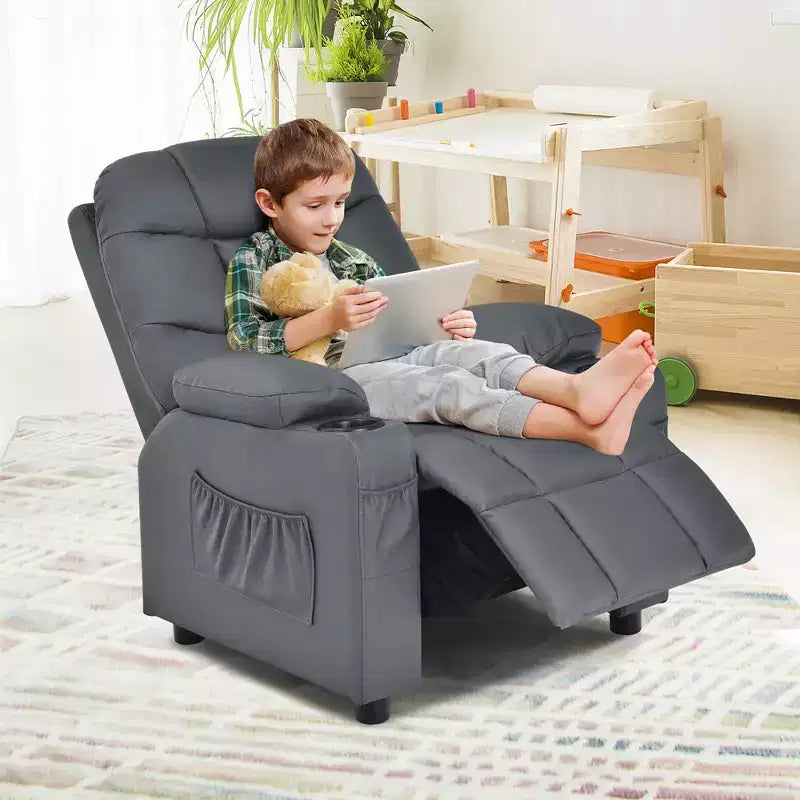 Fauteuil inclinable pour enfants/jeunes en cuir PU avec porte-gobelets et poches latérales