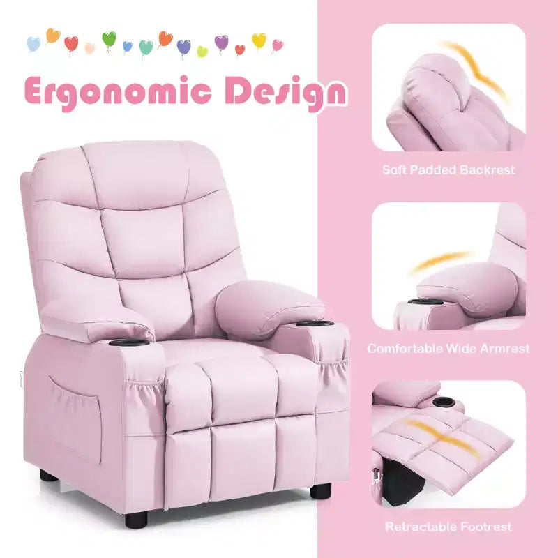 Fauteuil inclinable pour enfants/jeunes en cuir PU avec porte-gobelets et poches latérales
