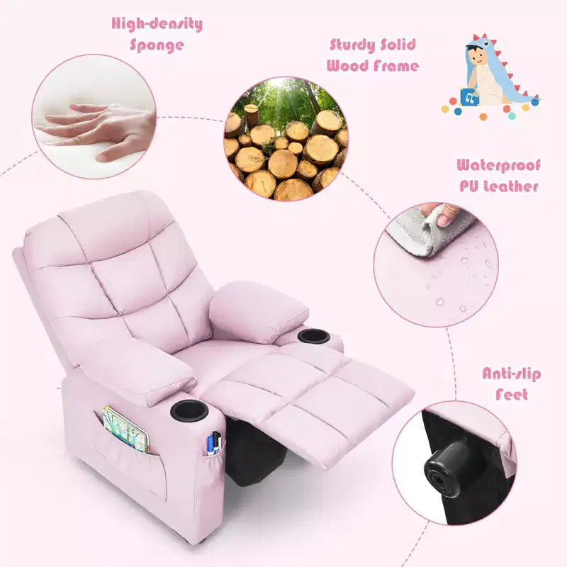 Fauteuil inclinable pour enfants/jeunes en cuir PU avec porte-gobelets et poches latérales