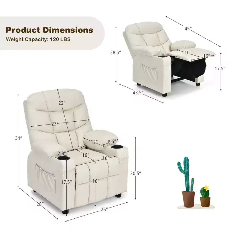 Fauteuil inclinable pour enfants/jeunes en cuir PU avec porte-gobelets et poches latérales