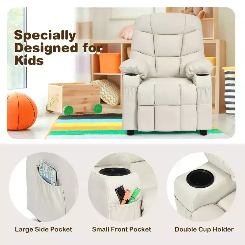 Fauteuil inclinable pour enfants/jeunes en cuir PU avec porte-gobelets et poches latérales