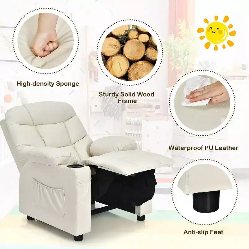 Fauteuil inclinable pour enfants/jeunes en cuir PU avec porte-gobelets et poches latérales