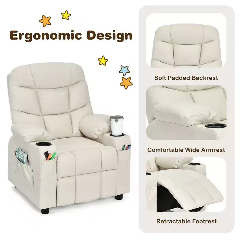 Fauteuil inclinable pour enfants/jeunes en cuir PU avec porte-gobelets et poches latérales