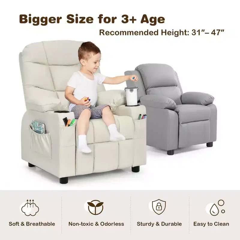 Fauteuil inclinable pour enfants/jeunes en cuir PU avec porte-gobelets et poches latérales