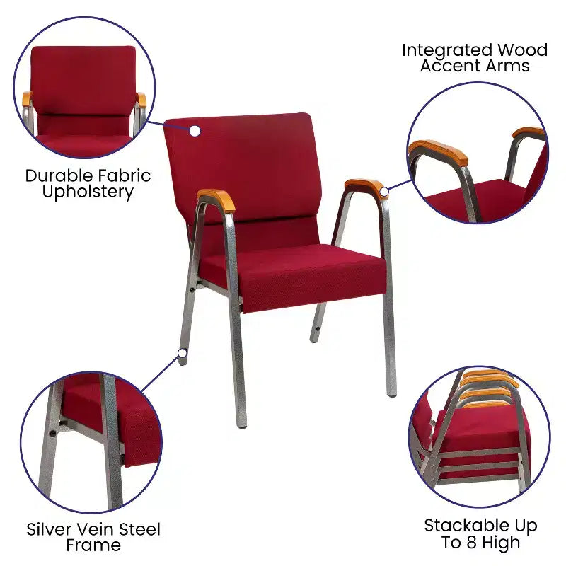 Chaise d'église empilable avec accoudoirs en bois, modèle 21W