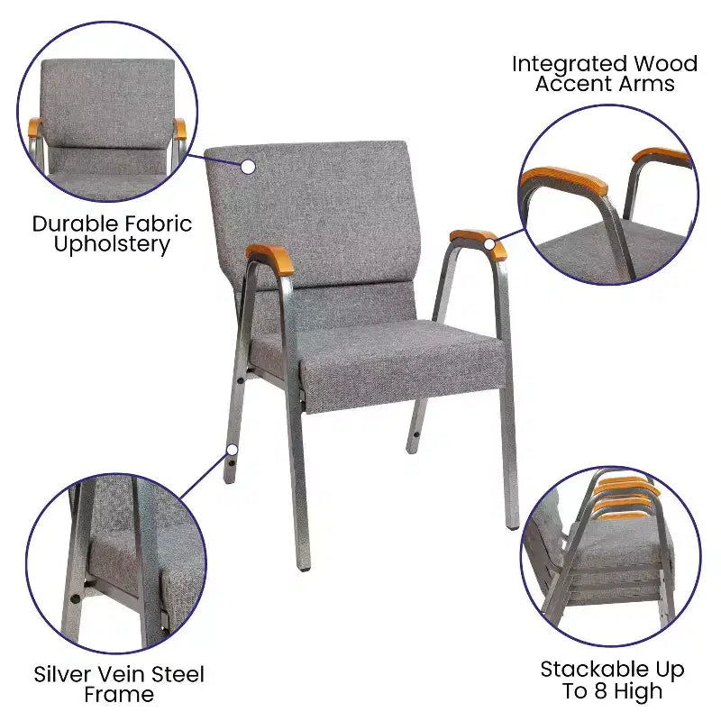 Chaise d'église empilable avec accoudoirs en bois, modèle 21W