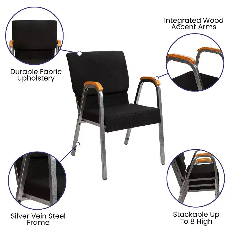 Chaise d'église empilable avec accoudoirs en bois, modèle 21W