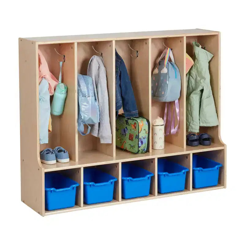Vestiaire enfant 5 sections avec banc et 5 bacs de rangement à façade évidée