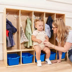 Vestiaire enfant 5 sections avec banc et 5 bacs de rangement à façade évidée