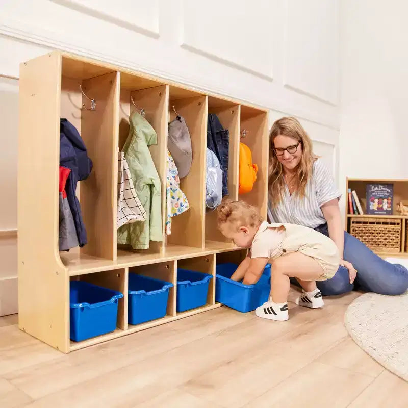 Vestiaire enfant 5 sections avec banc et 5 bacs de rangement à façade évidée