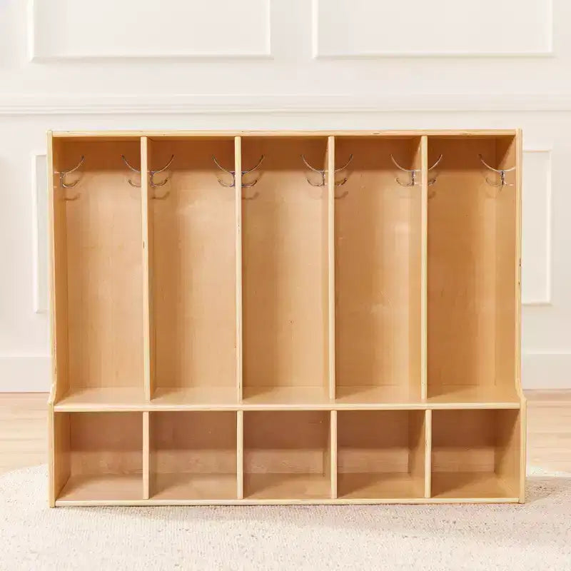 Vestiaire enfant 5 sections avec banc et 5 bacs de rangement à façade évidée