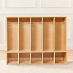 Vestiaire enfant 5 sections avec banc et 5 bacs de rangement à façade évidée