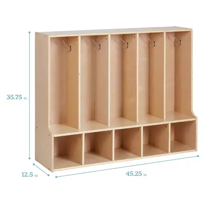 Vestiaire enfant 5 sections avec banc et 5 bacs de rangement à façade évidée