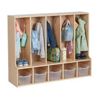 Vestiaire enfant 5 sections avec banc et 5 bacs de rangement à façade évidée