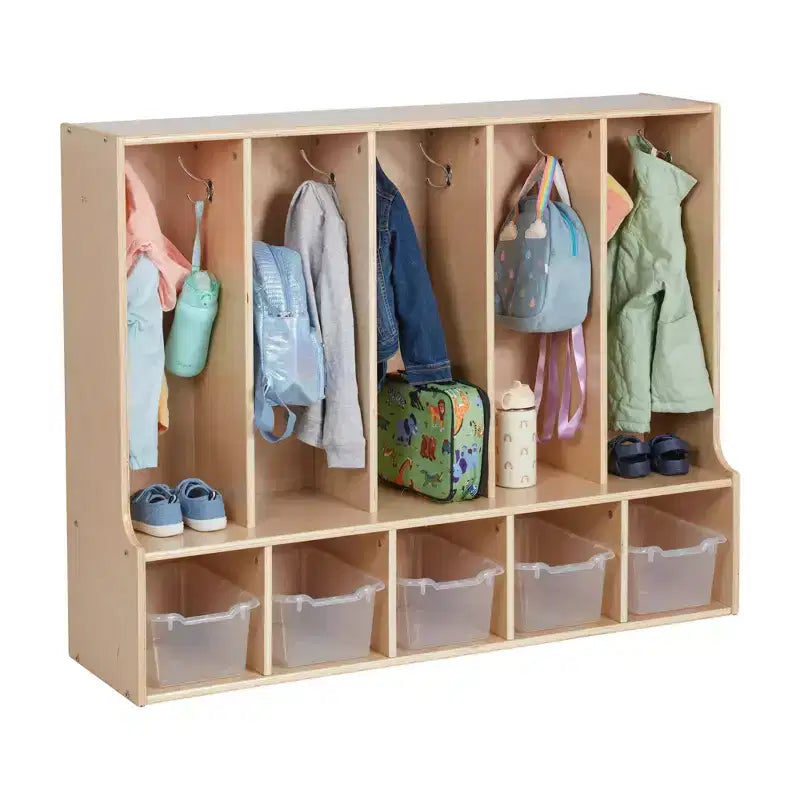 Vestiaire enfant 5 sections avec banc et 5 bacs de rangement à façade évidée