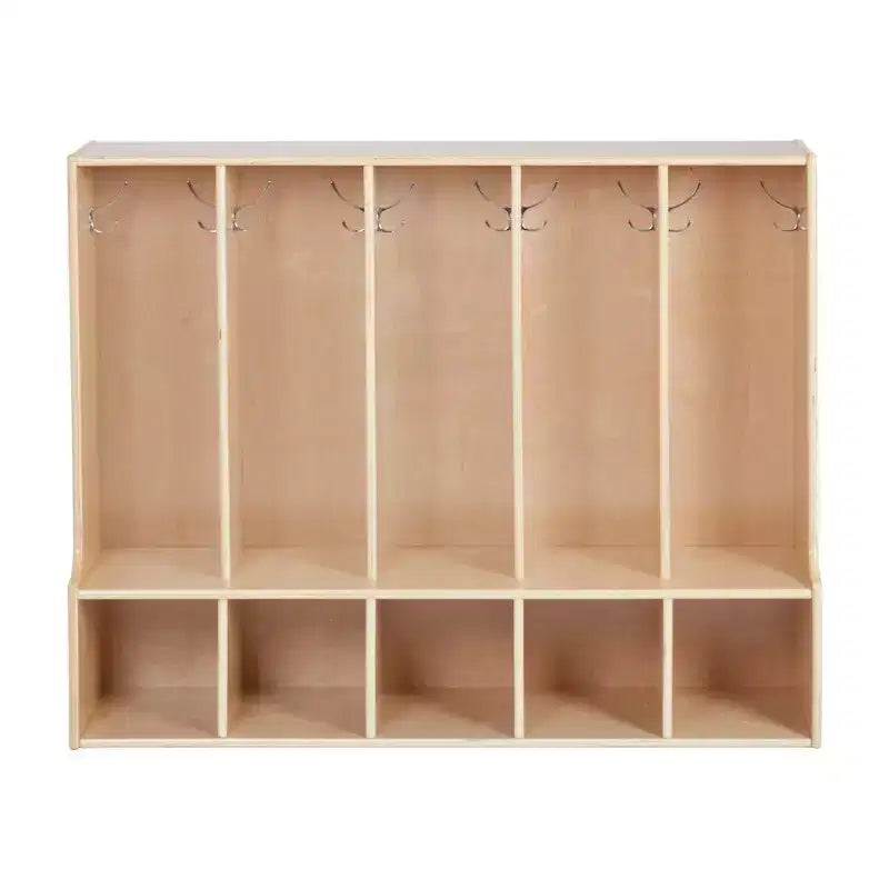 Vestiaire enfant 5 sections avec banc et 5 bacs de rangement à façade évidée