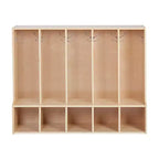 Vestiaire enfant 5 sections avec banc et 5 bacs de rangement à façade évidée