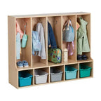 Vestiaire enfant 5 sections avec banc et 5 bacs de rangement à façade évidée