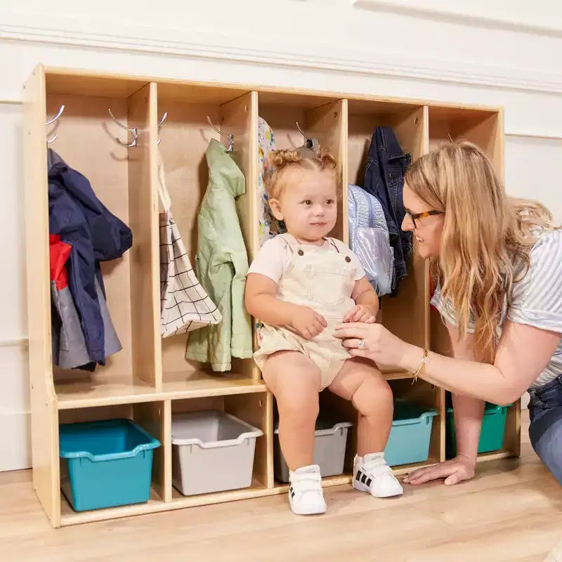 Vestiaire enfant 5 sections avec banc et 5 bacs de rangement à façade évidée