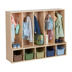 Vestiaire enfant 5 sections avec banc et 5 bacs de rangement à façade évidée