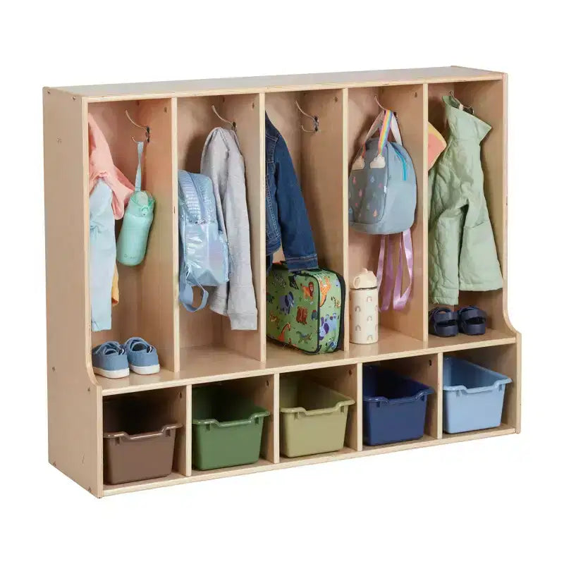 Vestiaire enfant 5 sections avec banc et 5 bacs de rangement à façade évidée