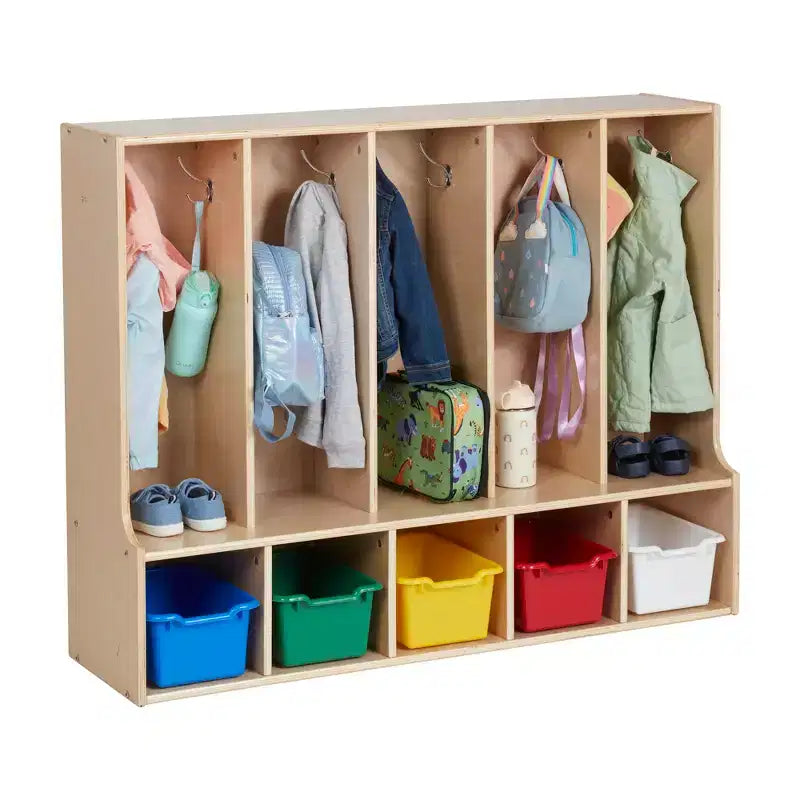 Vestiaire enfant 5 sections avec banc et 5 bacs de rangement à façade évidée