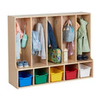 Vestiaire enfant 5 sections avec banc et 5 bacs de rangement à façade évidée