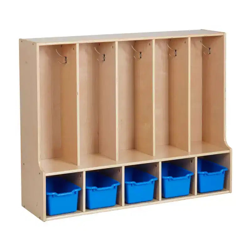 Vestiaire enfant 5 sections avec banc et 5 bacs de rangement à façade évidée