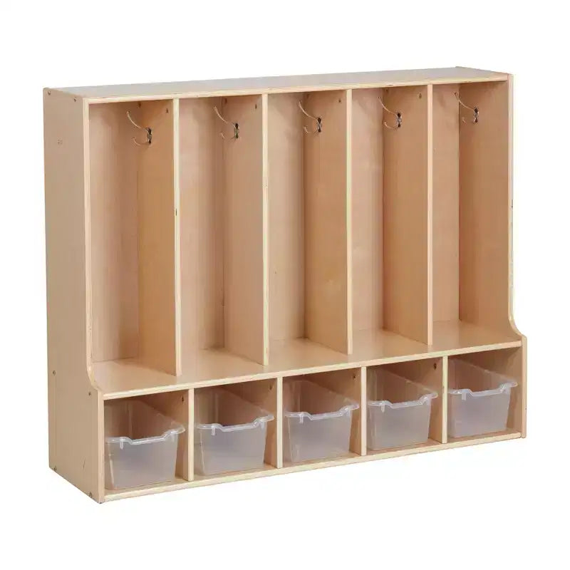 Vestiaire enfant 5 sections avec banc et 5 bacs de rangement à façade évidée