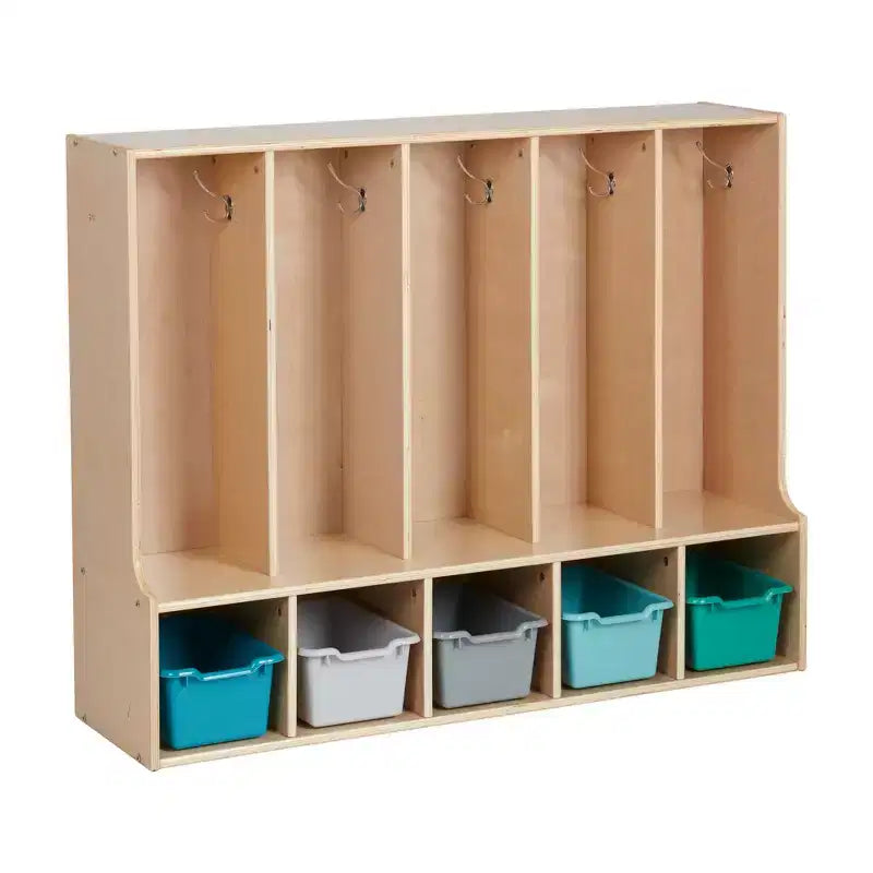 Vestiaire enfant 5 sections avec banc et 5 bacs de rangement à façade évidée