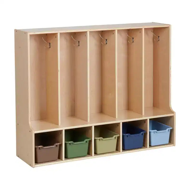 Vestiaire enfant 5 sections avec banc et 5 bacs de rangement à façade évidée