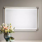 Miroir Mural Rectangulaire Décoratif de Coiffeuse, Moderne, Biseauté, Cadre en Feuilles d'Argent et Tiges en Acrylique, 23" de Large, pour Salle de Bain, Chambre à Coucher, Maison