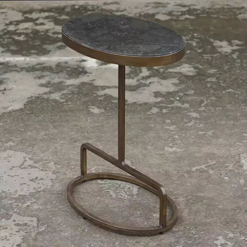 Table d'appoint ovale rustique en fer doré vieilli, 45,7 x 30,5 cm, plateau en marbre bleu poli, pour salon, chambre, chevet