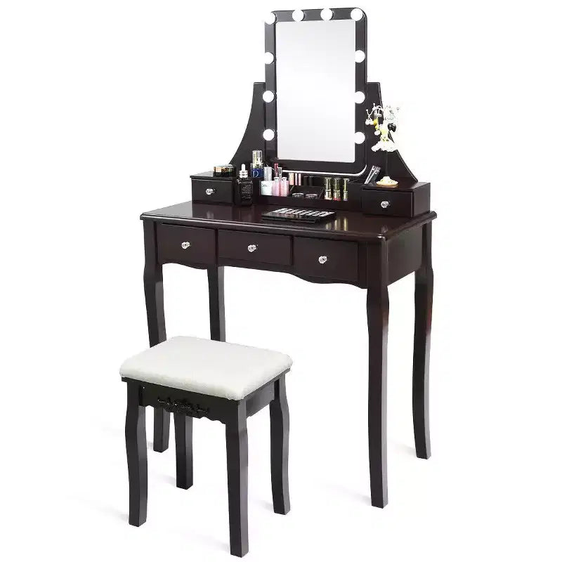 Coiffeuse avec boîte de rangement amovible et 10 ampoules dimmables à interrupteur tactile