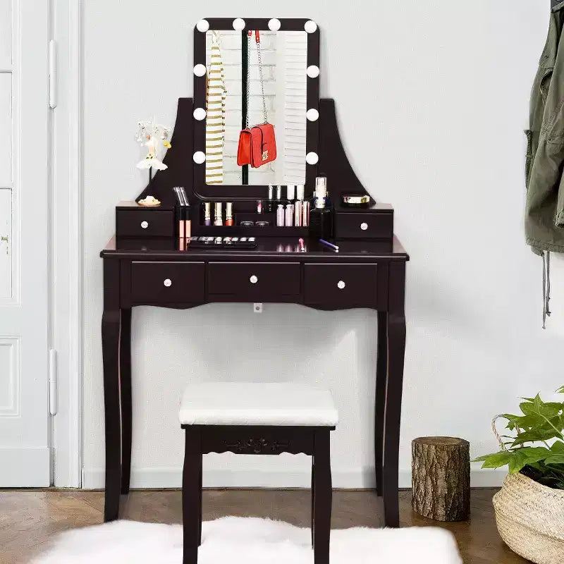 Coiffeuse avec boîte de rangement amovible et 10 ampoules dimmables à interrupteur tactile