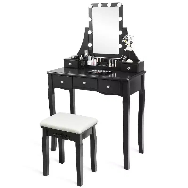 Coiffeuse avec boîte de rangement amovible et 10 ampoules dimmables à interrupteur tactile