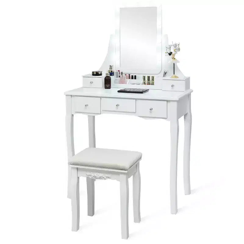 Coiffeuse avec boîte de rangement amovible et 10 ampoules dimmables à interrupteur tactile